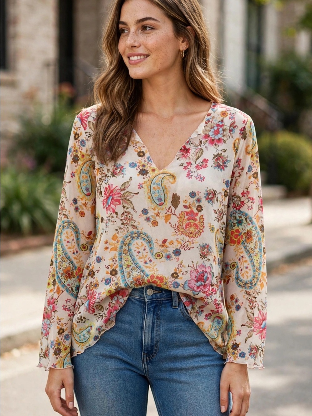 Floral Paisley V-Neck Long Sleeve Women’s Top - Cream Multi with bell sleeves.